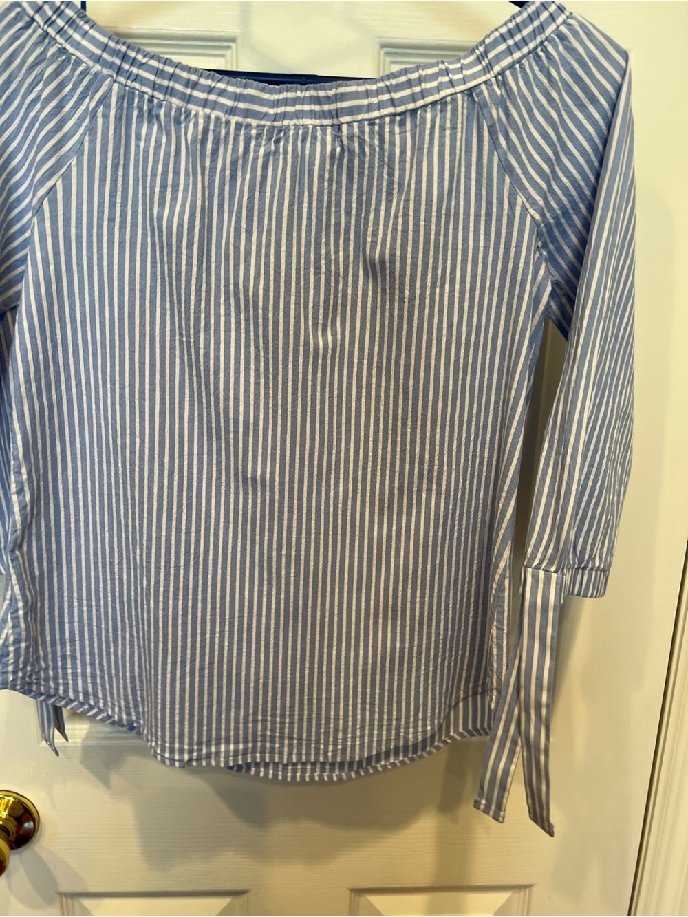 Potter's Pot Light Blue and White Striped Off-Shoulder Top